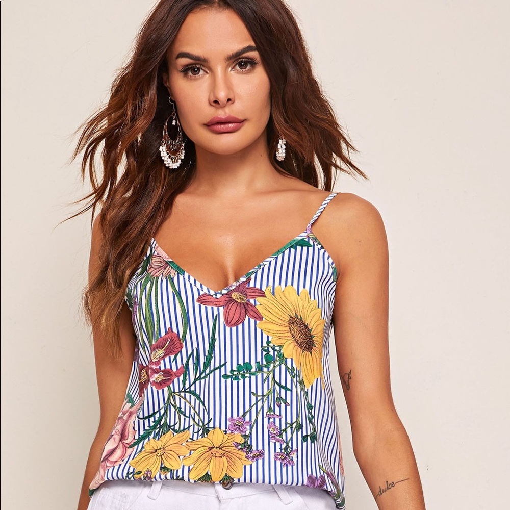 SHEIN Double V-neck Striped &Floral Print Cami Top